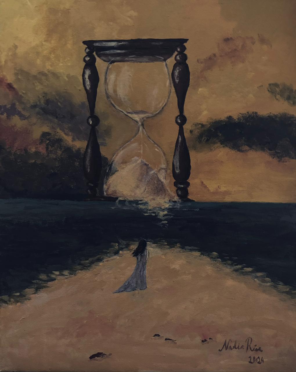 Pintura de un reloj de arena gigante frente al mar y una figura caminando