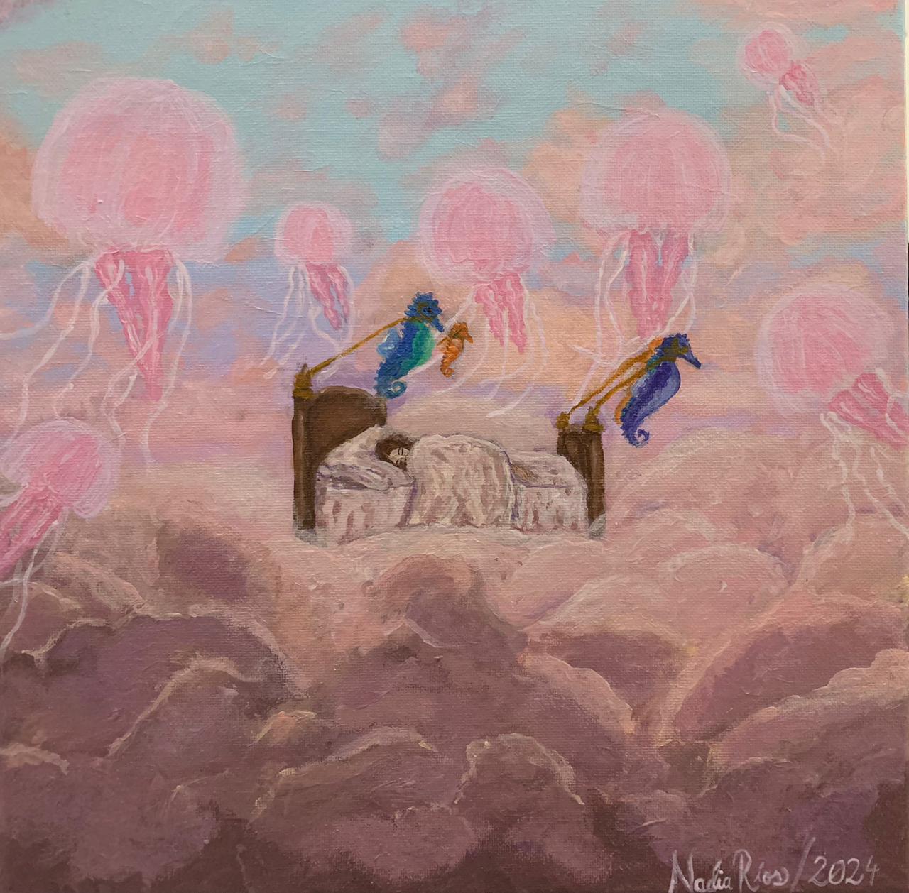 Pintura de una cama flotando entre nubes rosadas con medusas y caballitos de mar