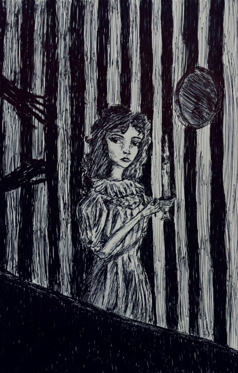 Dibujo a estilógrafo de una figura con una vela en un bosque nocturno