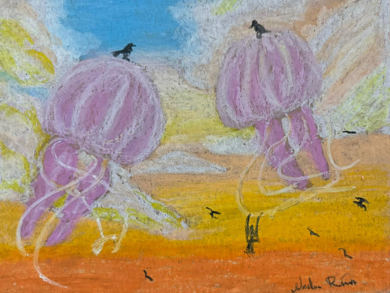 Dibujo a óleo pastel de medusas flotando sobre un paisaje cálido con aves