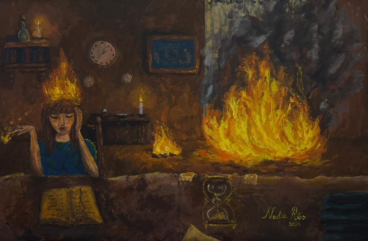 Pintura de una figura con la cabeza en llamas junto a un incendio y un reloj de arena