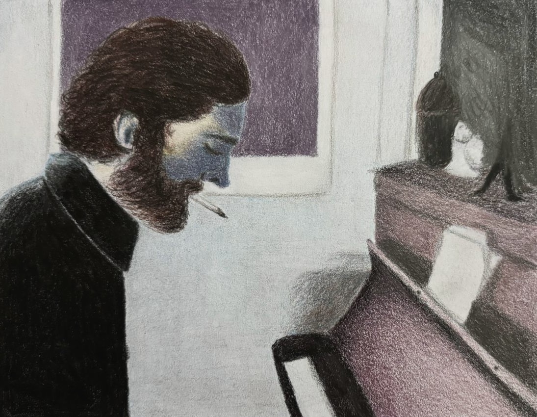 Retrato a lápiz de color de un hombre de perfil frente a un piano