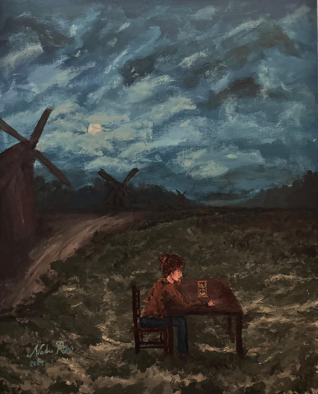 Pintura de una figura sentada ante una mesa con un reloj de arena entre molinos de viento