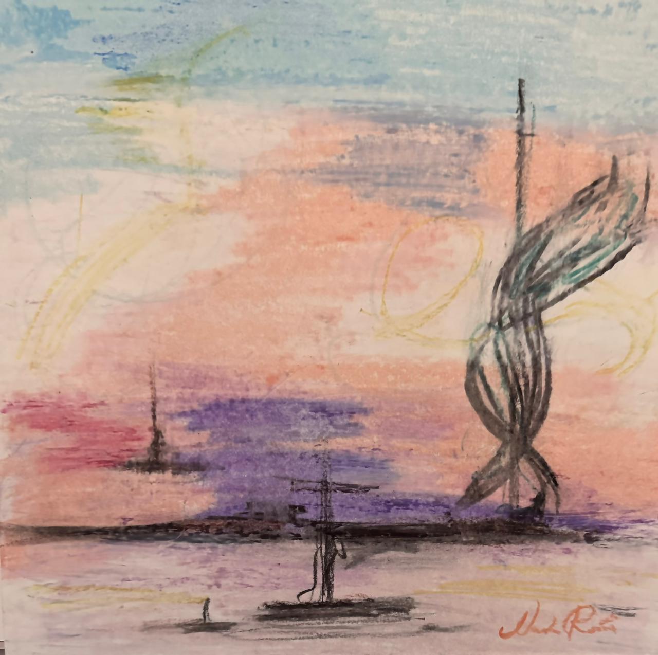Paisaje a óleo pastel con cielo rosado y siluetas oscuras