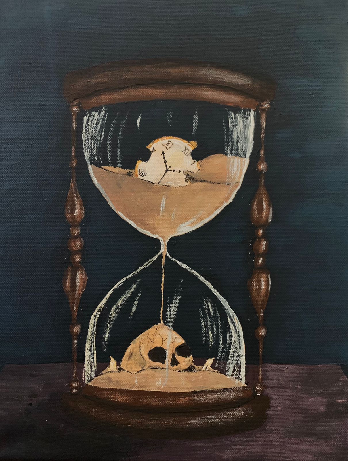 Pintura de un reloj de arena con un reloj y una calavera en su interior