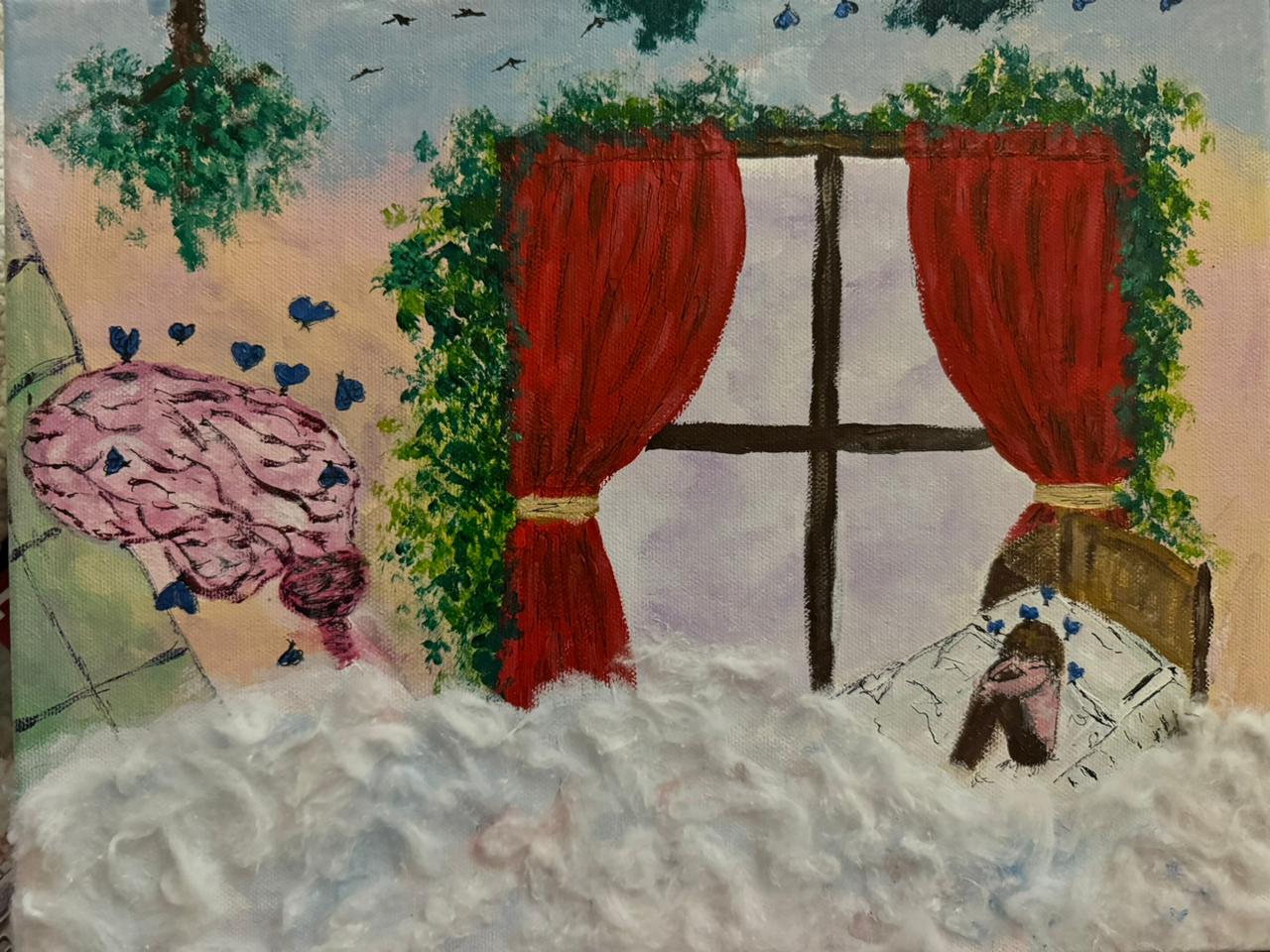 Pintura de una ventana con cortinas rojas, un cerebro y una figura recostada entre nubes
