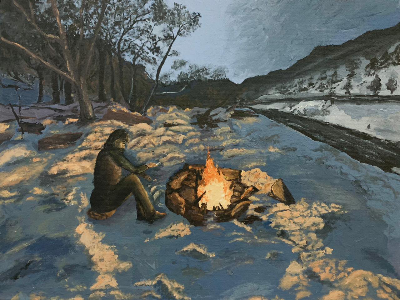 Pintura de una figura junto a una fogata en un paisaje nevado