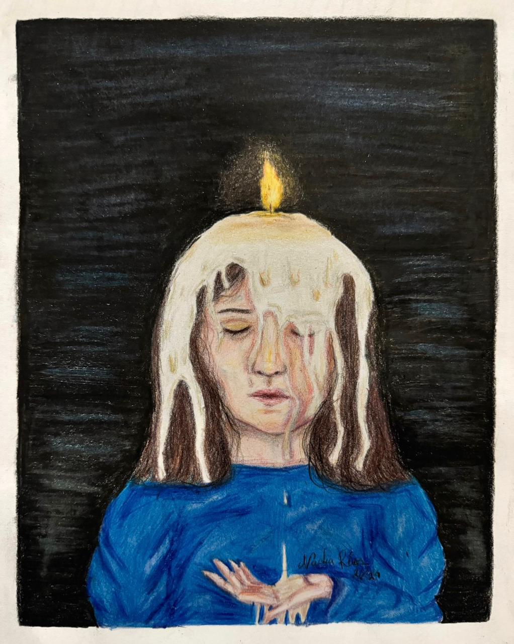 Dibujo a lápiz de color de una figura con una vela derritiéndose sobre su cabeza
